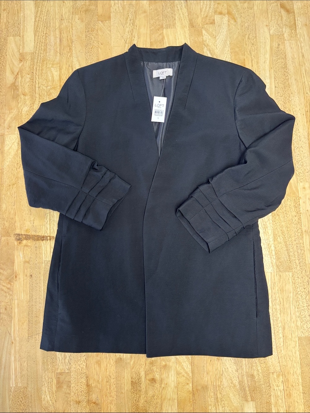 NWT LOFT Outlet Black Collarless Open Front Blazer Pleated Ruched Sleeve Jacket